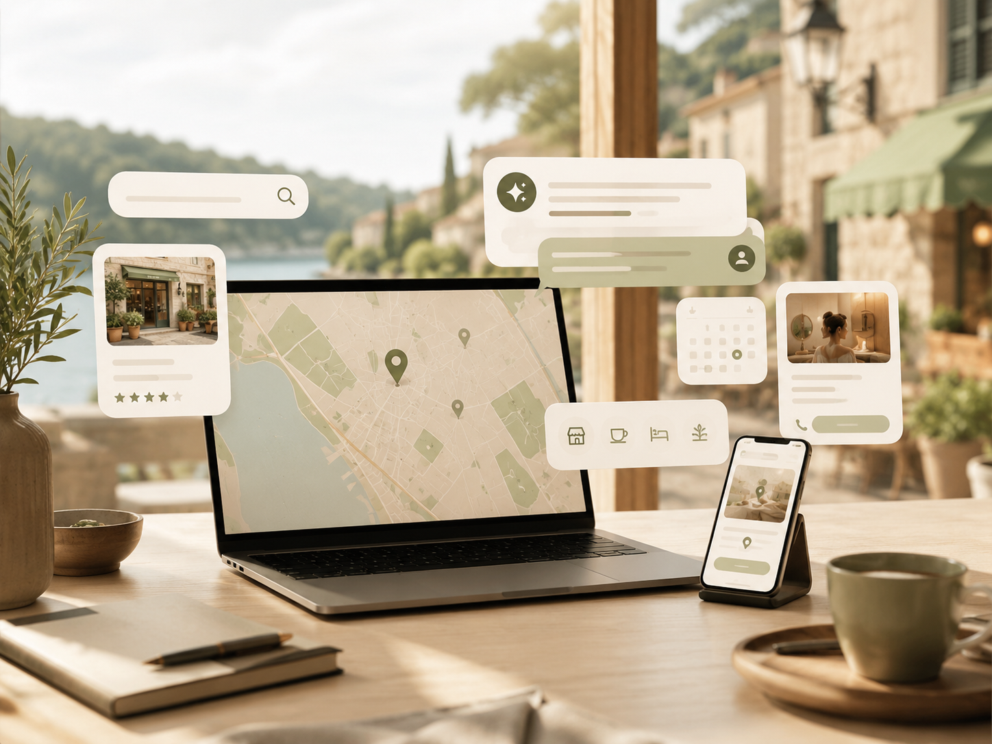 Village local avec interface de recherche, symbole de visibilité Google et IA